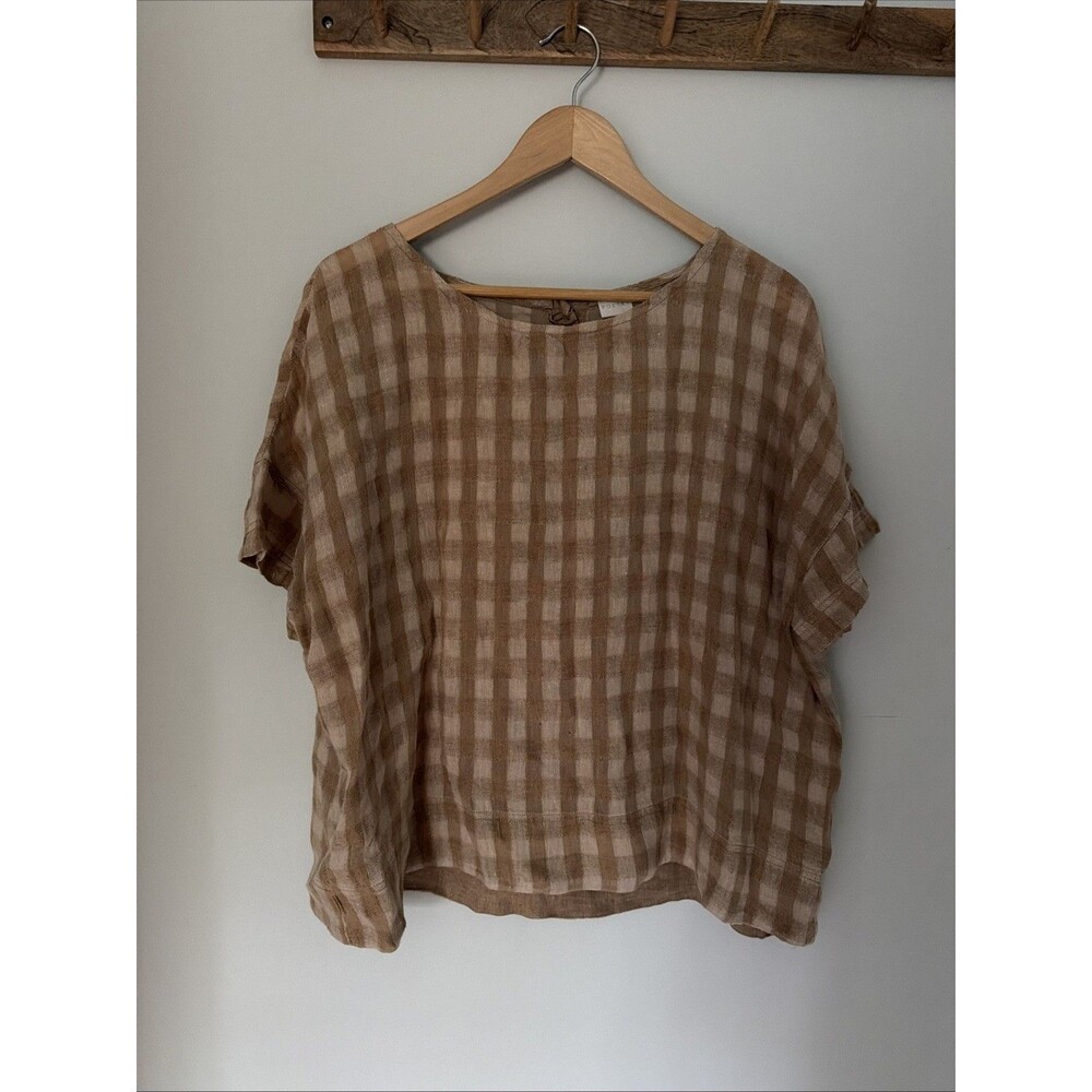 Poetry Women's Tan Gingham Check Linen Cotton Large 12 Boxy Short Sleeve